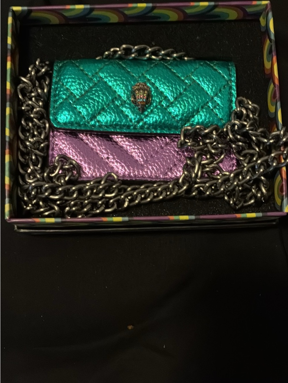 Kurt Metallic Teal and Lavender Quilted Crossbody Bag w box